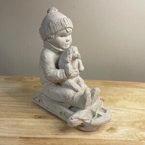 1987 Austin Productions “Bright Eyes” Sculpture Dee Crowley Boy & Puppy on Sled